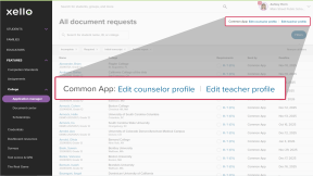 Document requests page in Xello. Ther links to edit Common App counselor and teacher profiles are highlighted.